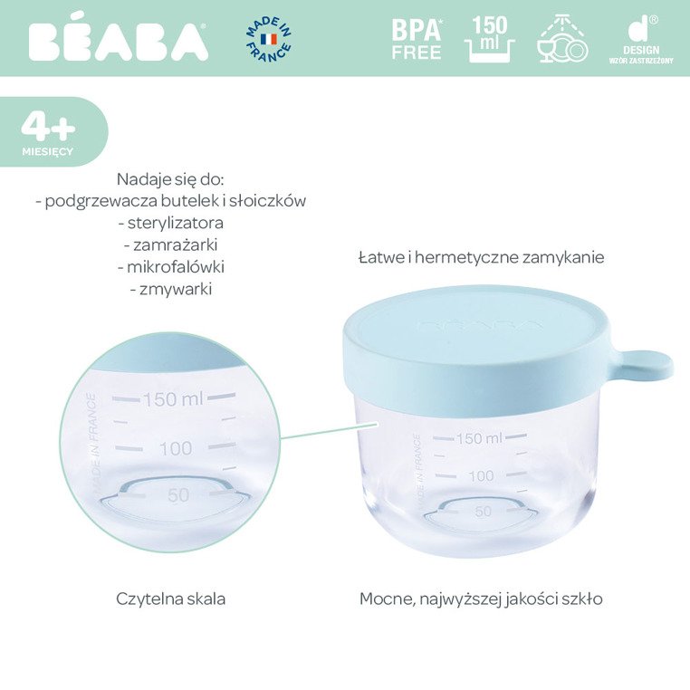 Pojemnik słoiczek szklany z hermetycznym zamknięciem 150 ml light blue | Beaba - obrazek 2