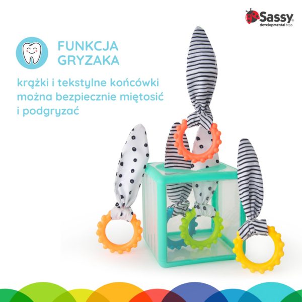 Manipulacyjna kostka sensoryczna Montessori – elastyczna kostka sorter z krążkami, Sassy - obrazek 2