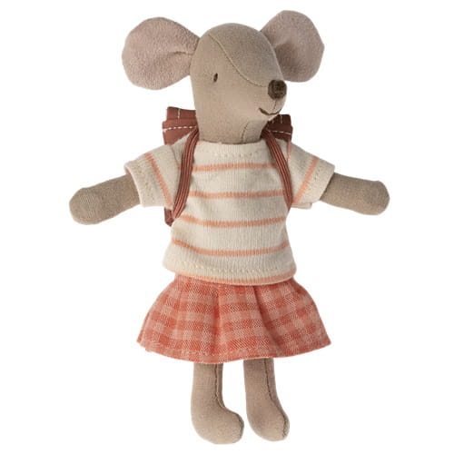 Myszka rowerzystka 13cm - Big Sister Mouse with Bag Coral | Maileg