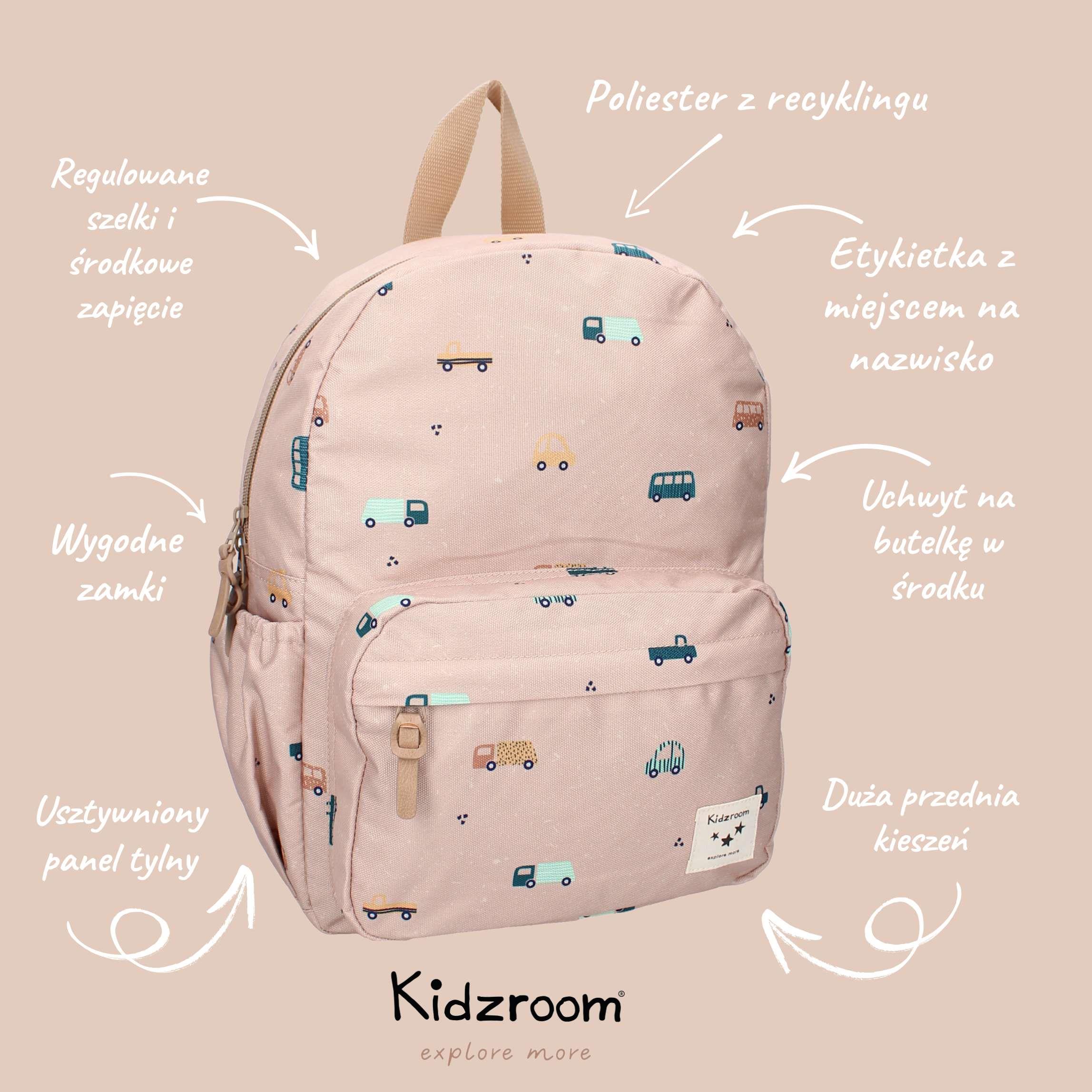 Plecak dla dzieci A4 L Sweet Cars brown KIDZROOM - obrazek 3