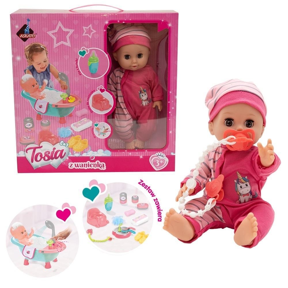 Lalka z wanienką i akcesoriami w różowym ubranku
